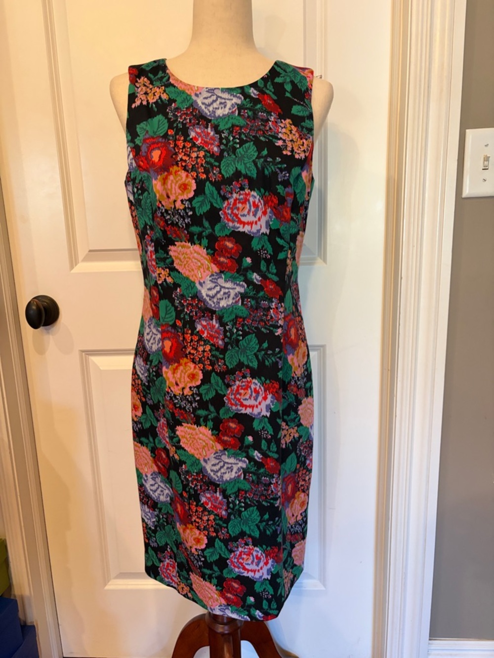 J. Crew Black Floral Midi Sheath Dress with Multicolor Blooms